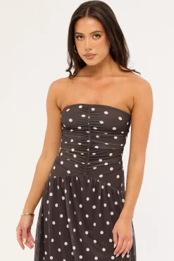 Issy Polka Mesh Midi Dress Brown Polka
