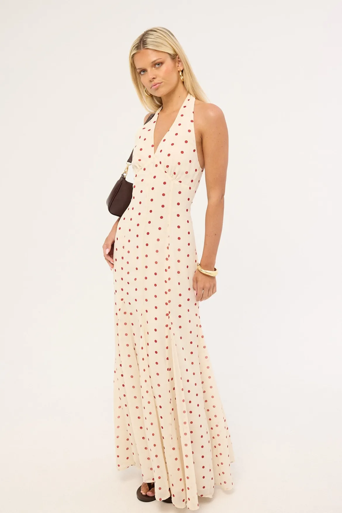 Ivana Halter Chiffon Maxi Dress Cream/Red Polka Dot