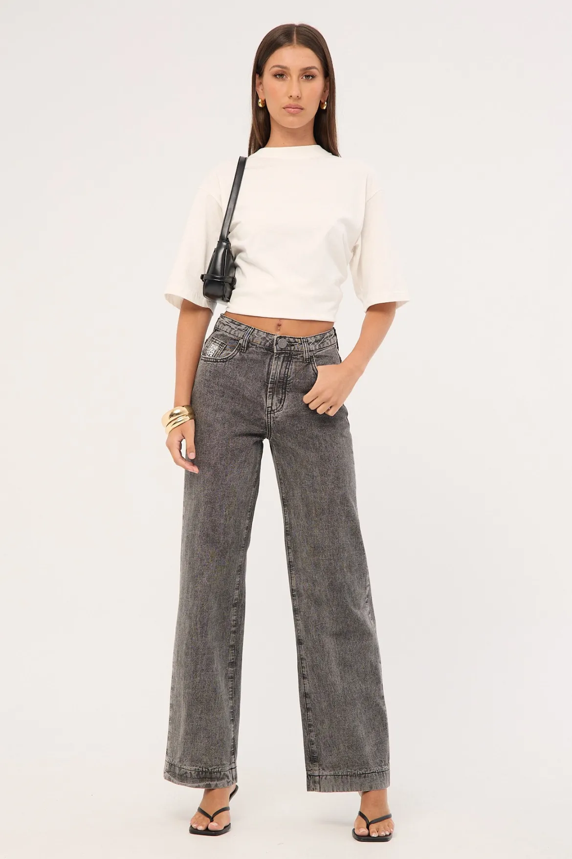 Jackson Mid Waist Wide Leg Denim Jeans Rocco Grey Black