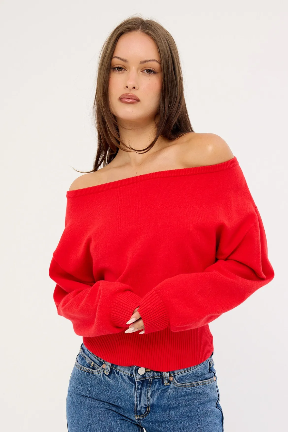 Jean Off shoulder Knit Red