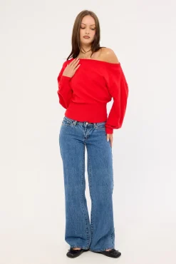 Jean Off shoulder Knit Red