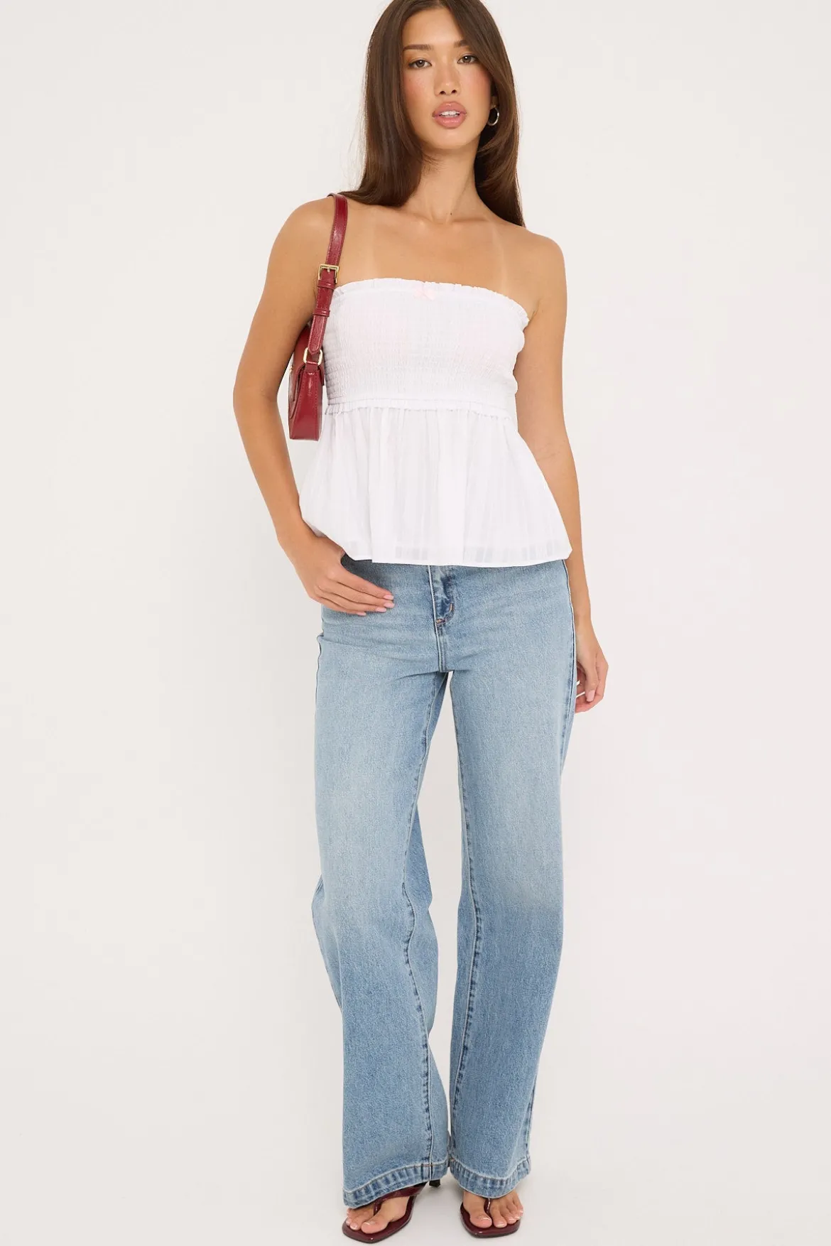 Jesse Shirred Strapless Top White / Pink