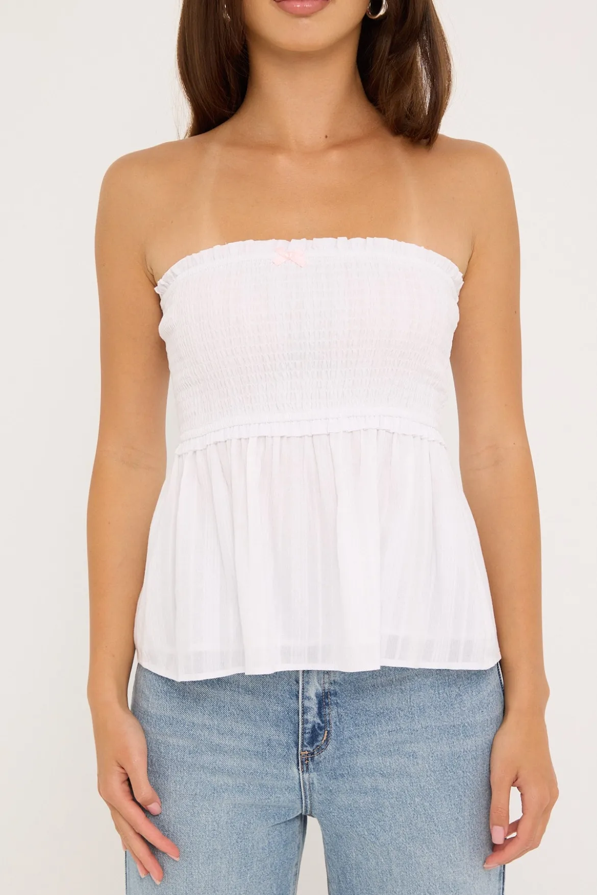 Jesse Shirred Strapless Top White / Pink