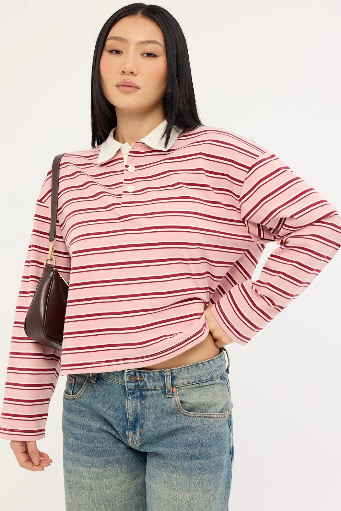 Jordan Long Sleeve Polo T-shirt Pink Stripe