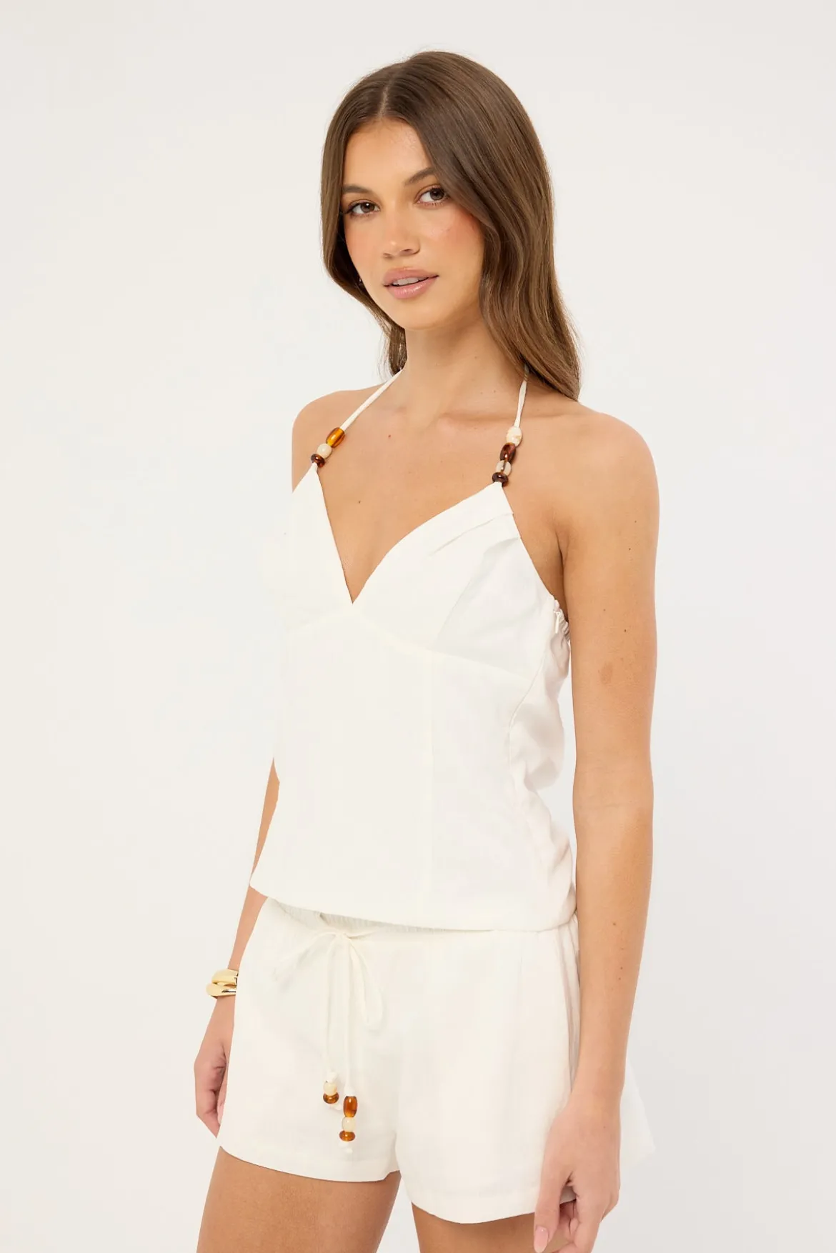 Juni Linen Halter Bead Top White