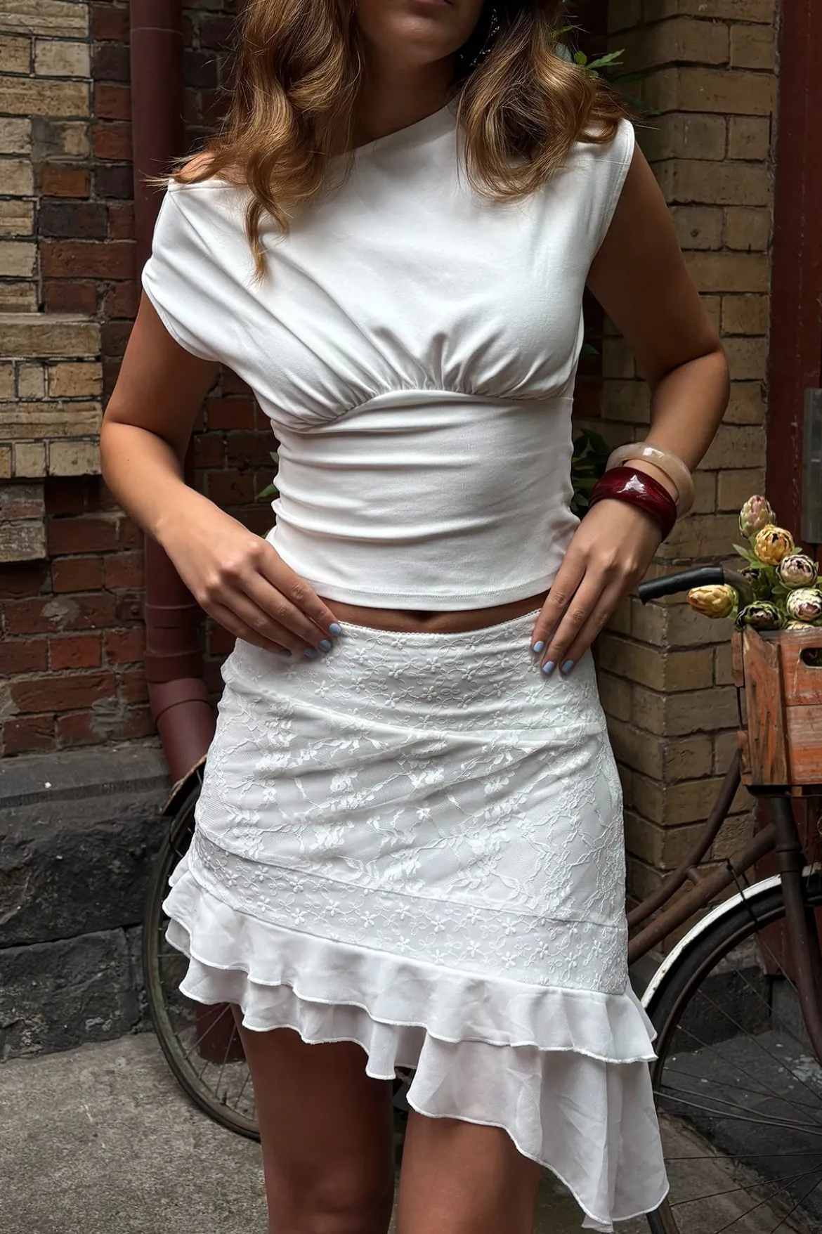 Kelsie Lace Splice Mini Skirt White