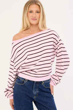 Kiki Slouched Off shoulder Knit Pink Stripe