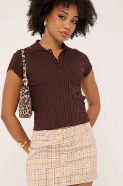 Knitted Polo Button Up Top Brown
