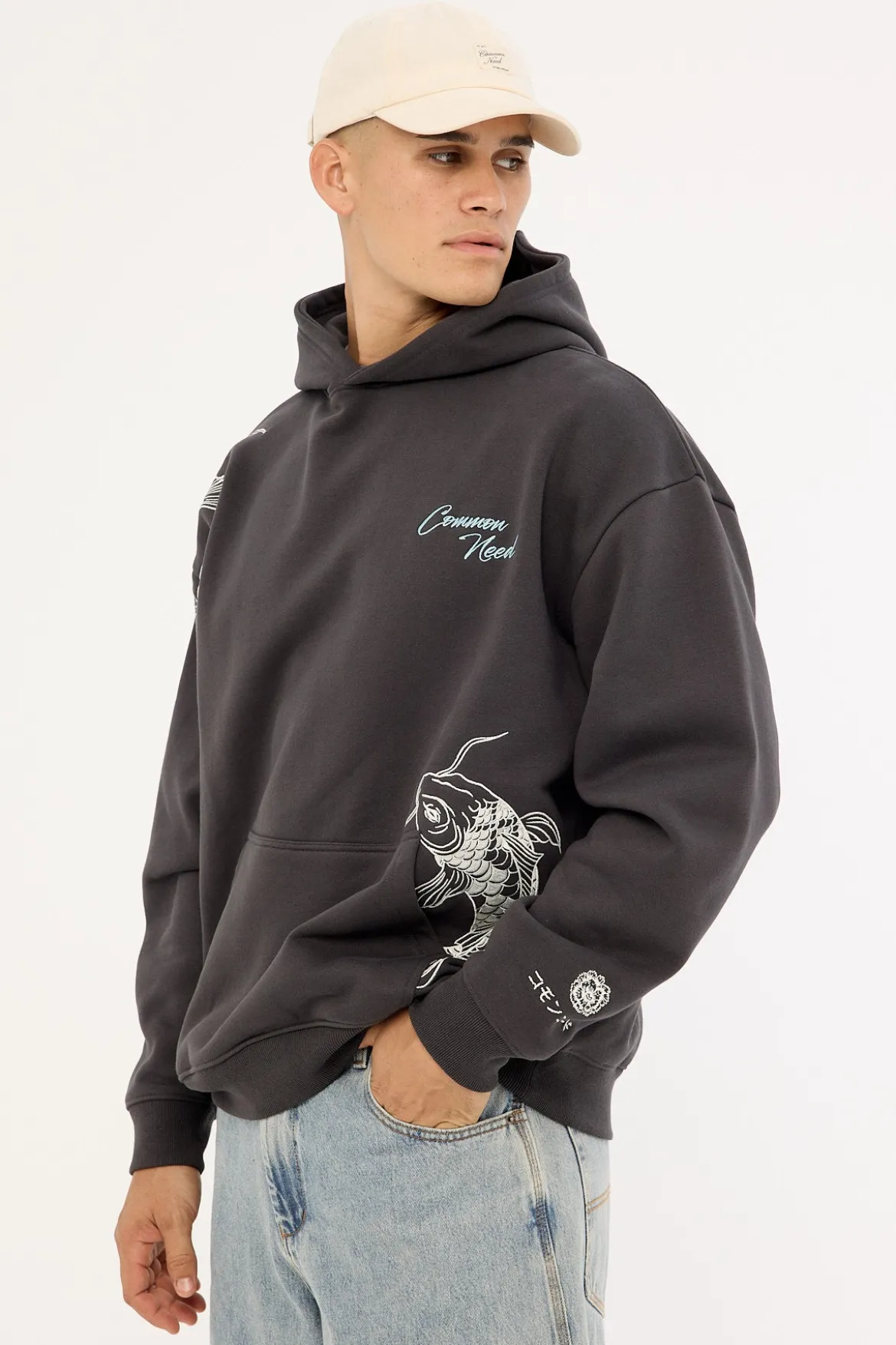 Koi Fish Boxy Hoodie Off Black
