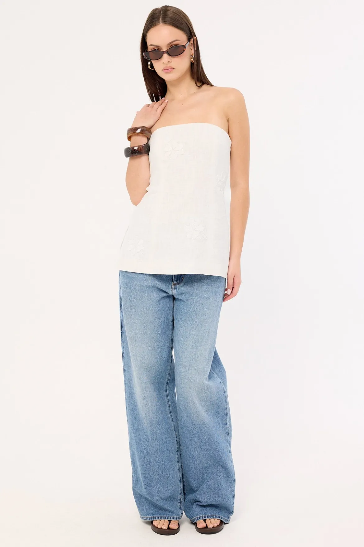Kora Beaded Linen Strapless Top White