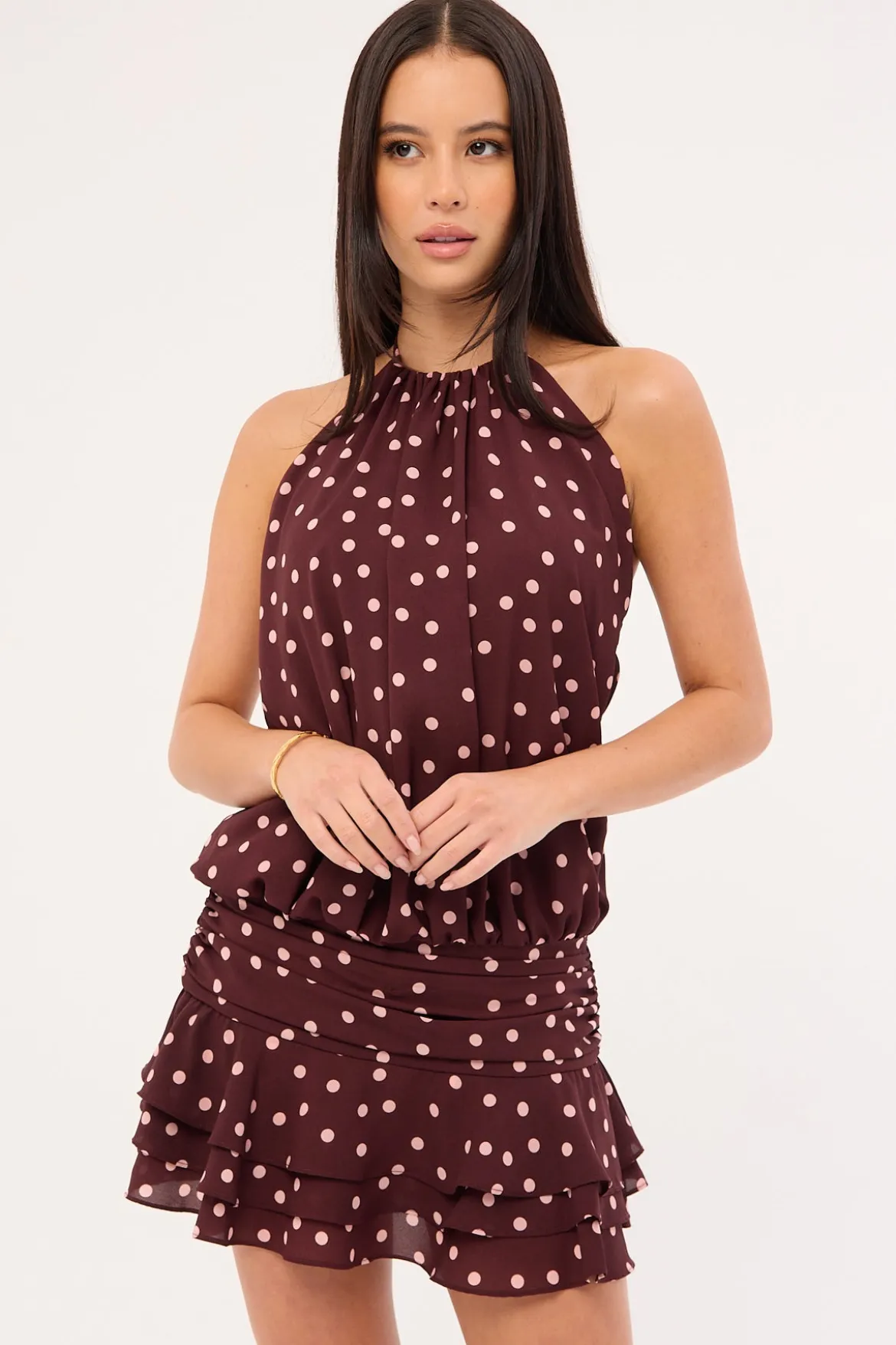 Kori Halter Mini Dress Burgundy Polka