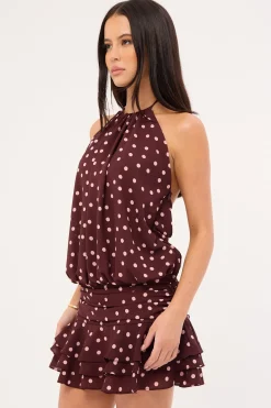 Kori Halter Mini Dress Burgundy Polka