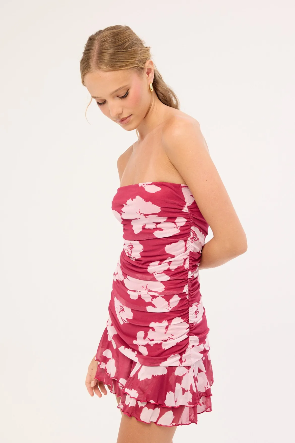Kylo Mesh Strapless Mini Dress Fuchsia Pink Print
