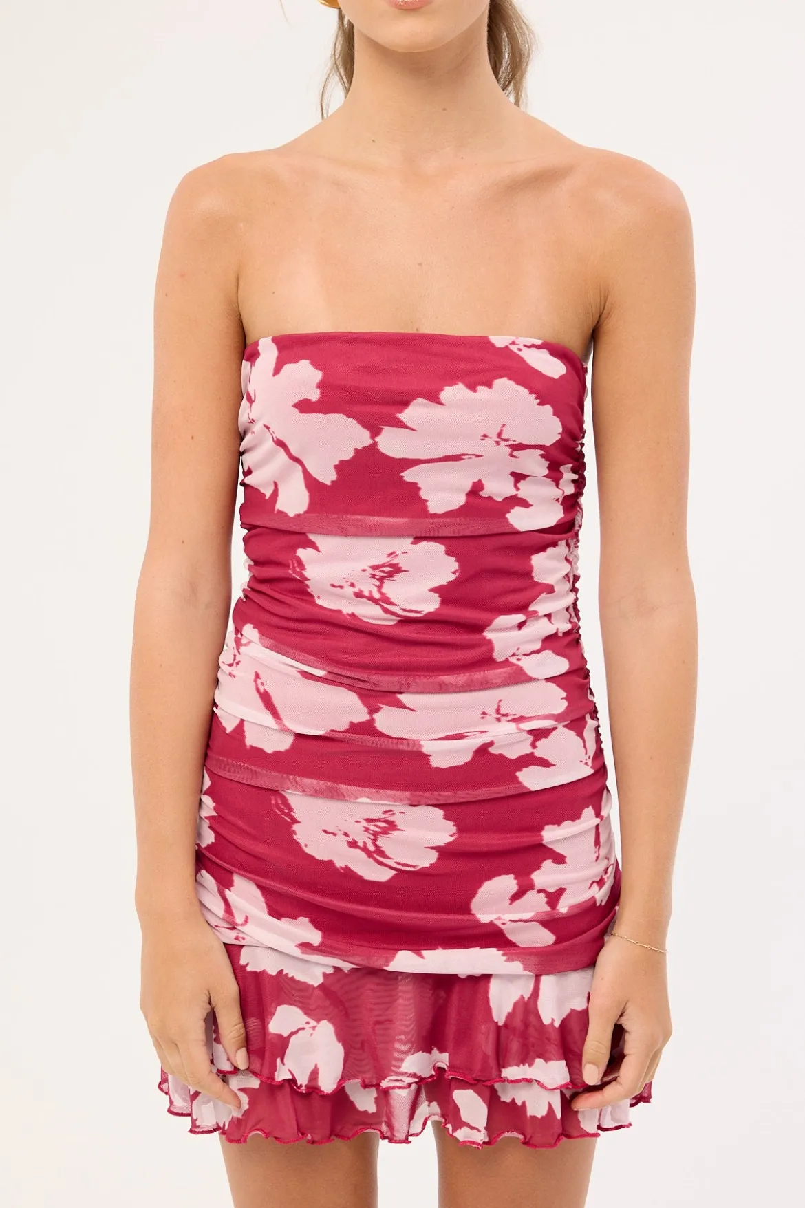 Kylo Mesh Strapless Mini Dress Fuchsia Pink Print