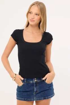 Lace Trim Cap Sleeve T-shirt Black