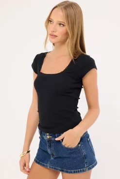 Lace Trim Cap Sleeve T-shirt Black