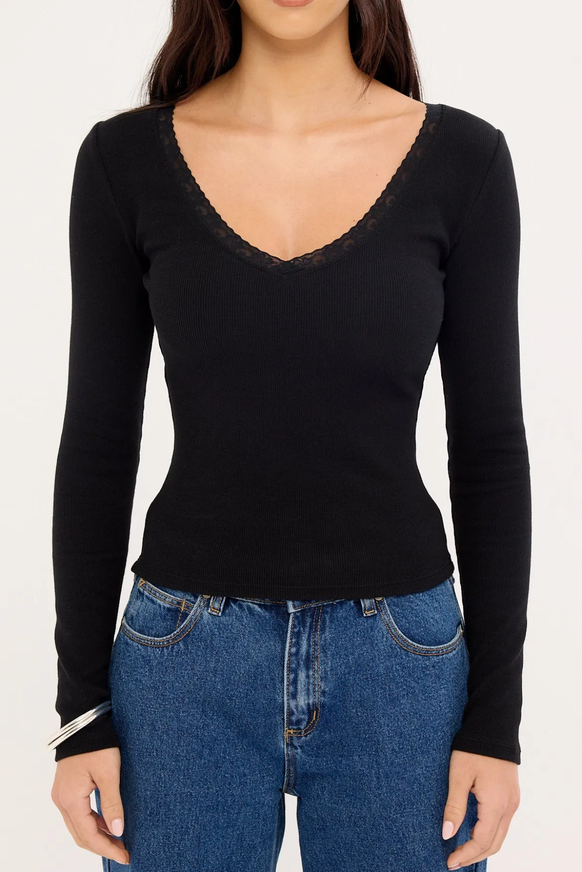 Lace Trim Long Sleeve T-shirt Black