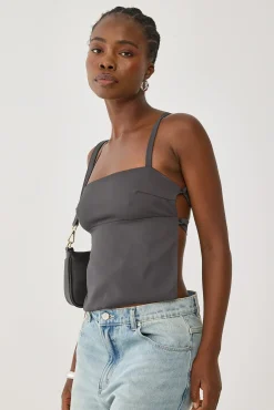 Lace Up Back Tie Top Grey