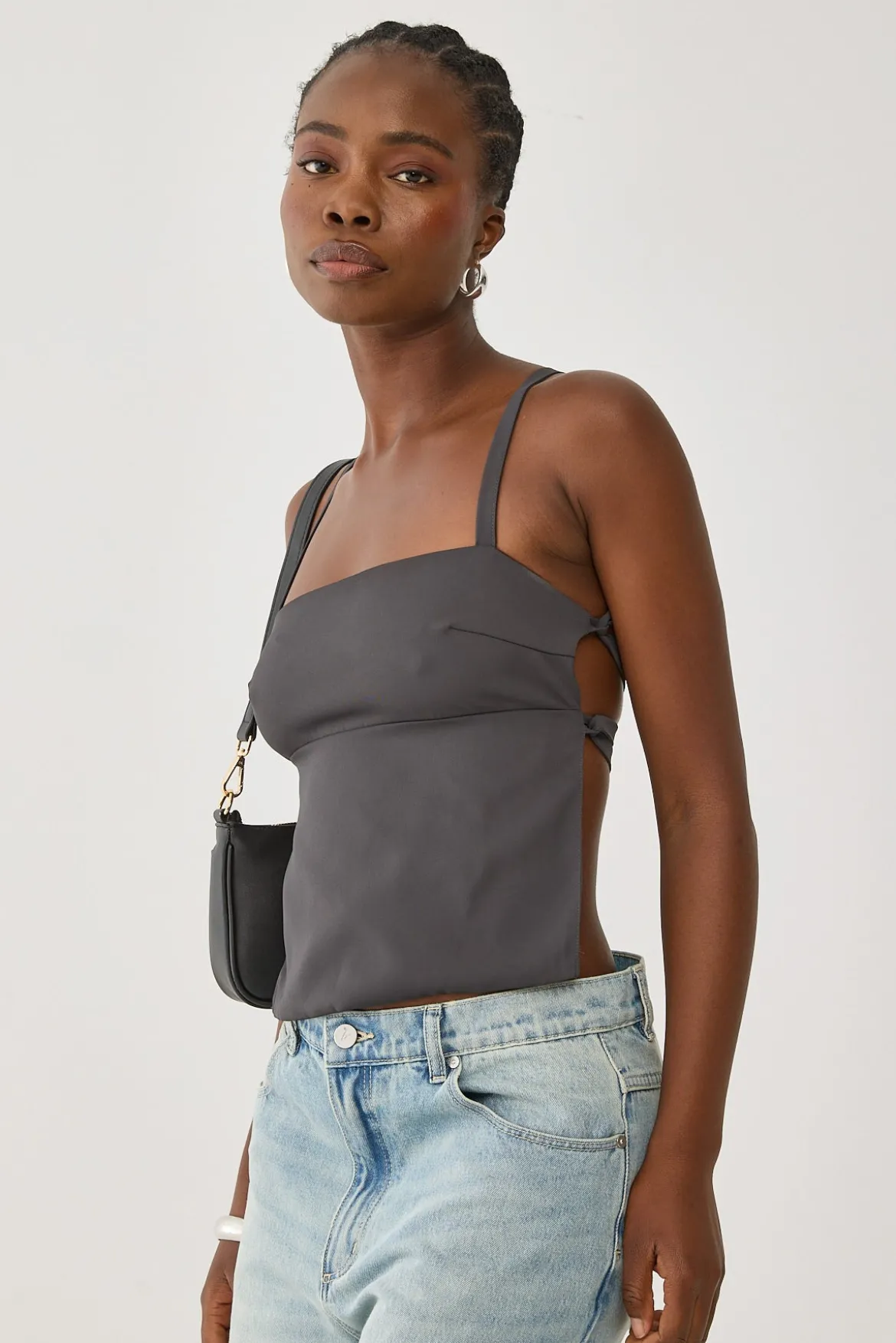 Lace Up Back Tie Top Grey