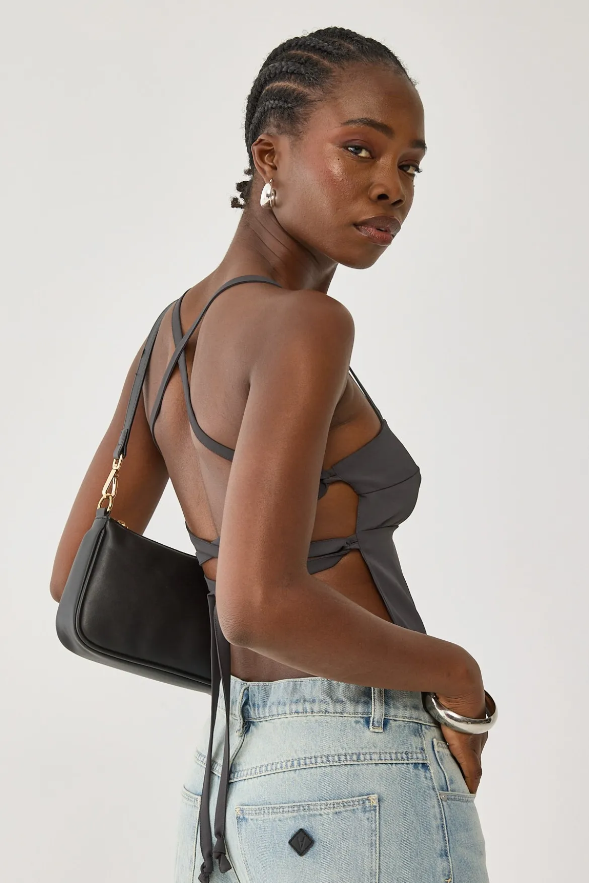 Lace Up Back Tie Top Grey