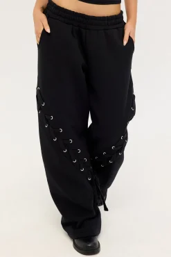 Lace Up Wide Leg Trackpant Black