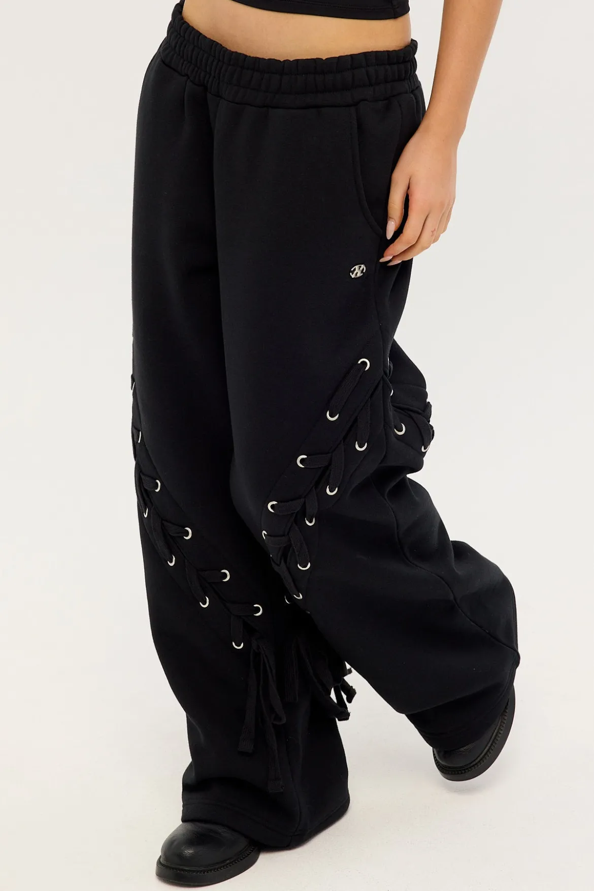 Lace Up Wide Leg Trackpant Black