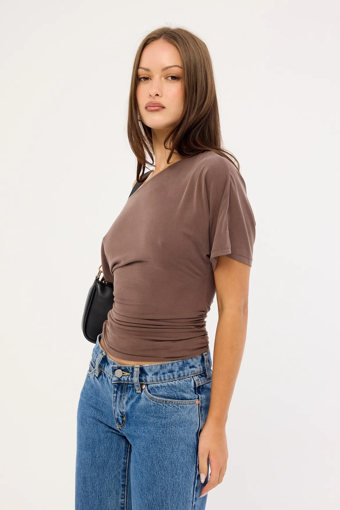 Leo Ruched Off Shoulder T-shirt Brown