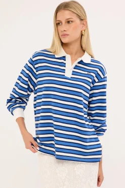 Leon Stripe Rugby Fleece Top Blue Stripe
