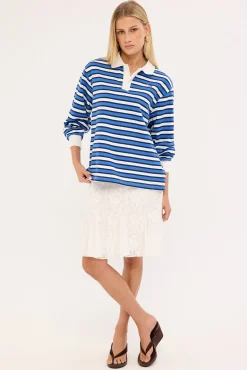 Leon Stripe Rugby Fleece Top Blue Stripe
