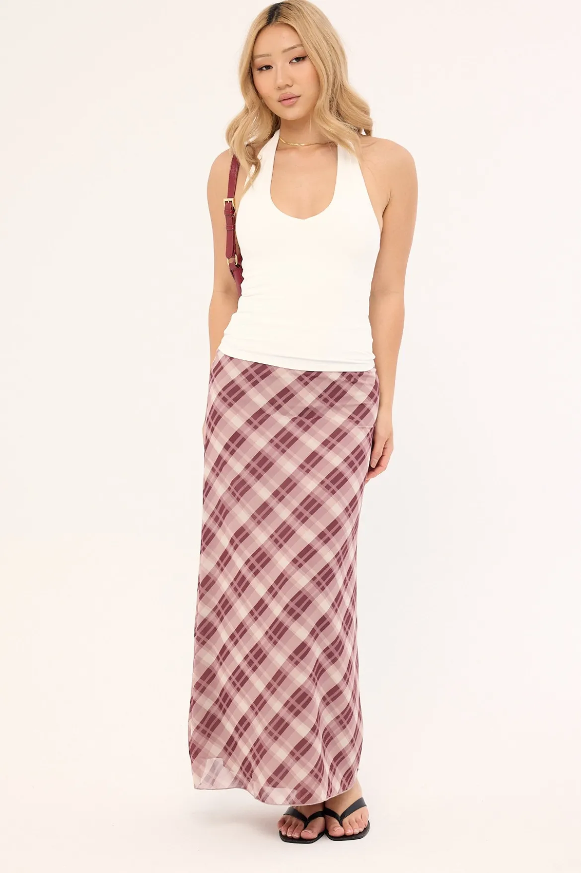 Linear Check Maxi Skirt Burgundy Print
