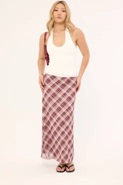 Linear Check Maxi Skirt Burgundy Print