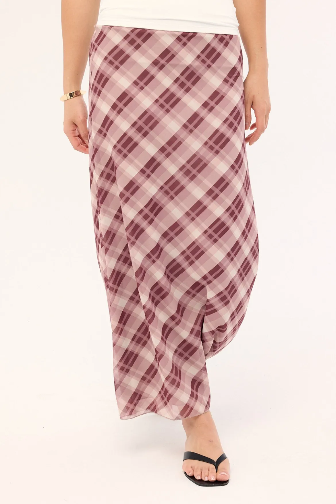 Linear Check Maxi Skirt Burgundy Print