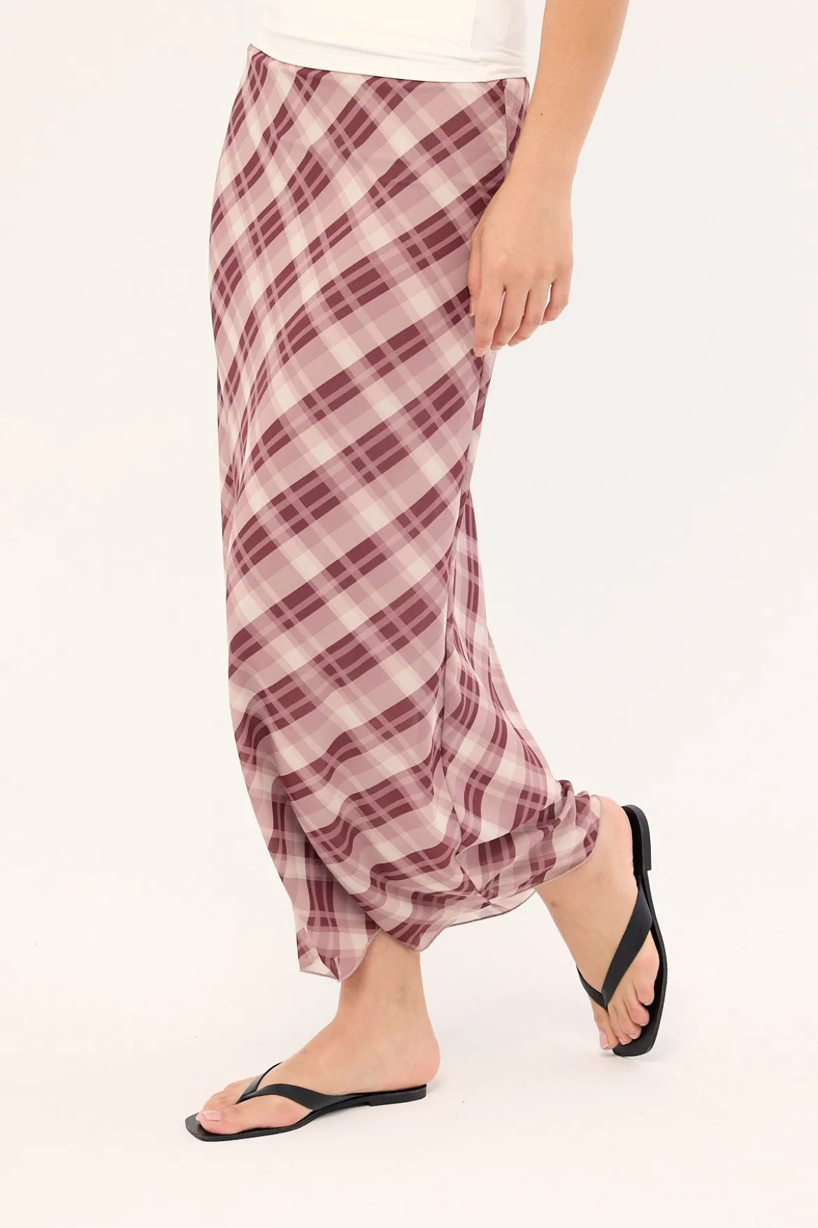 Linear Check Maxi Skirt Burgundy Print