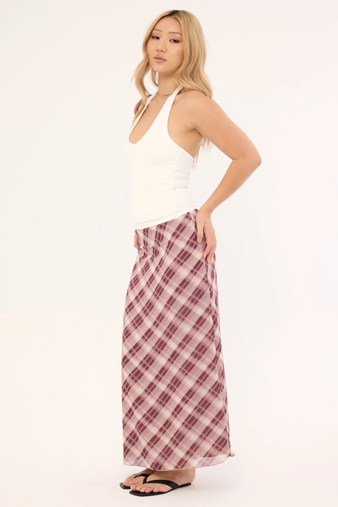 Linear Check Maxi Skirt Burgundy Print