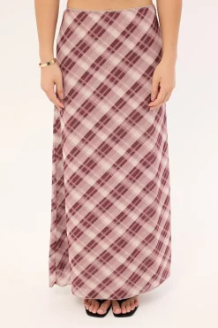 Linear Check Maxi Skirt Burgundy Print