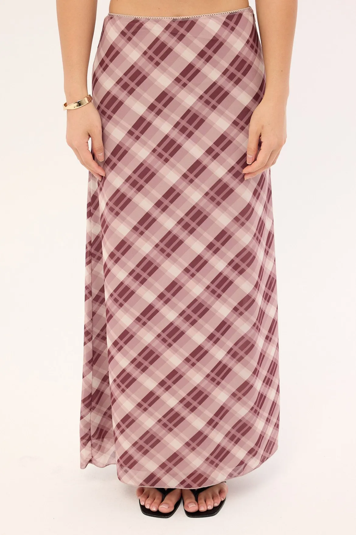 Linear Check Maxi Skirt Burgundy Print