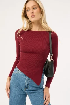 Long Sleeve Asymmetrical Knit Top Burgundy