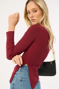 Long Sleeve Asymmetrical Knit Top Burgundy