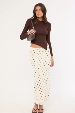 Long Sleeve Asymmetrical Rib Knit Top Brown