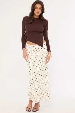 Long Sleeve Asymmetrical Rib Knit Top Brown