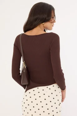 Long Sleeve Asymmetrical Rib Knit Top Brown