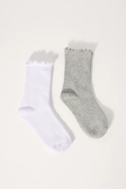Louise Lettuce Trim Sock 2 Pack White and Grey
