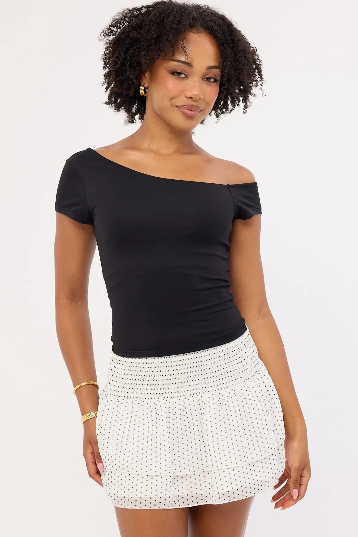 Louise Polka Shirred Mini Skirt White