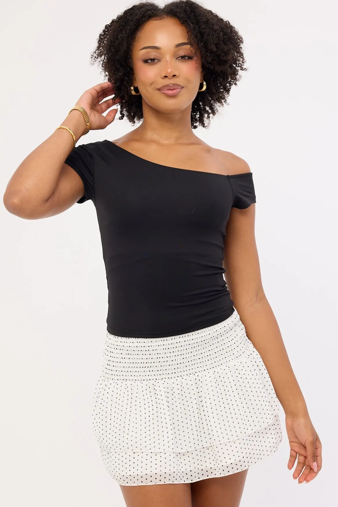 Louise Polka Shirred Mini Skirt White