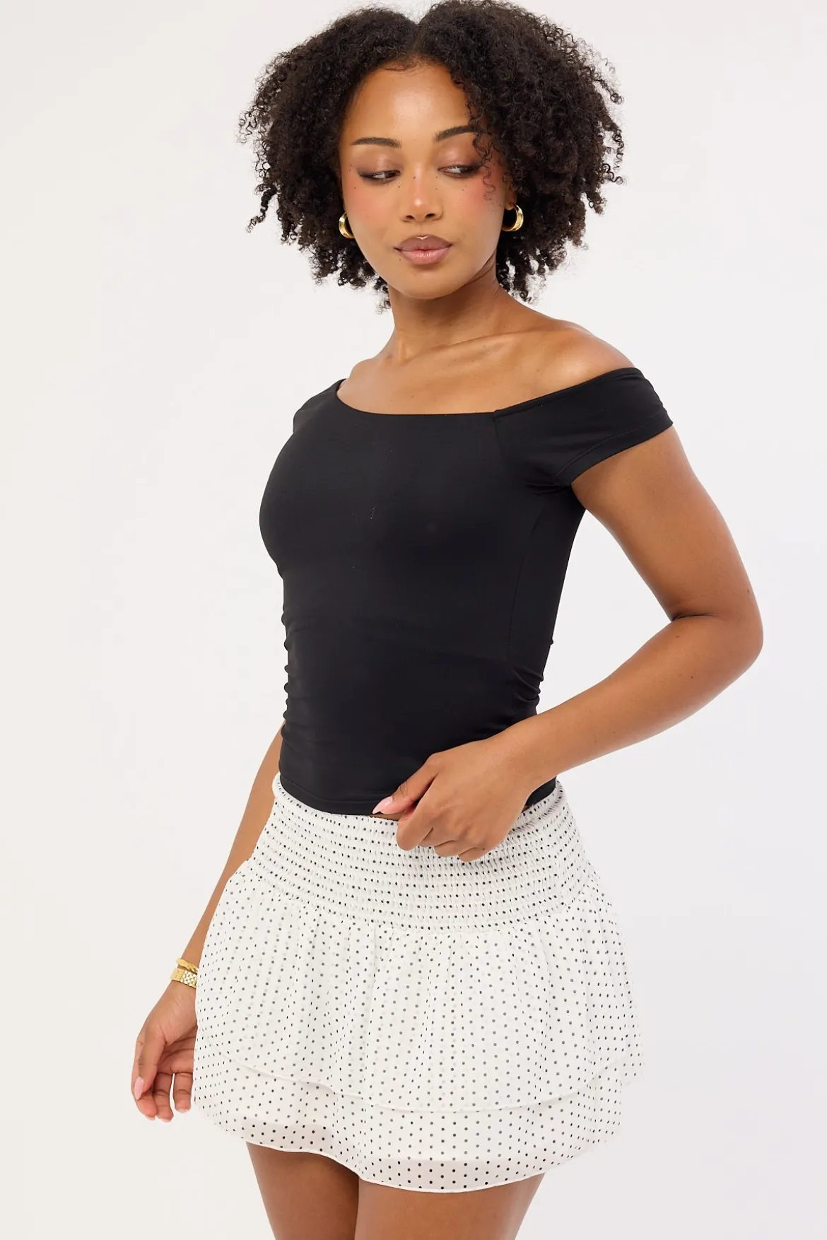 Louise Polka Shirred Mini Skirt White