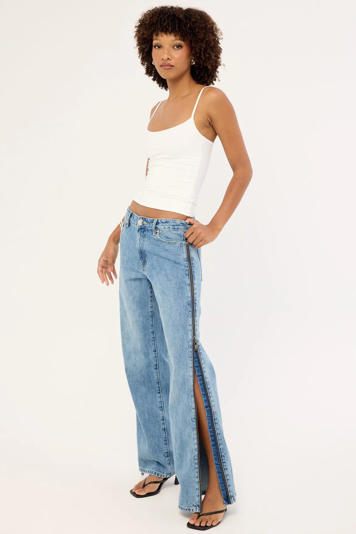 Low Riders Low Waist Wide Leg Zipped Denim Jeans Pretty Blue