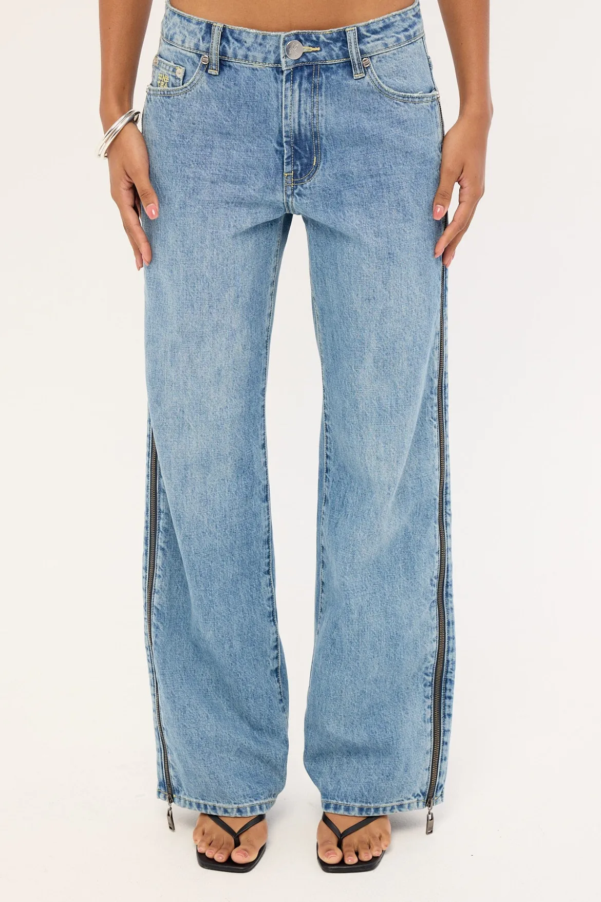 Low Riders Low Waist Wide Leg Zipped Denim Jeans Pretty Blue