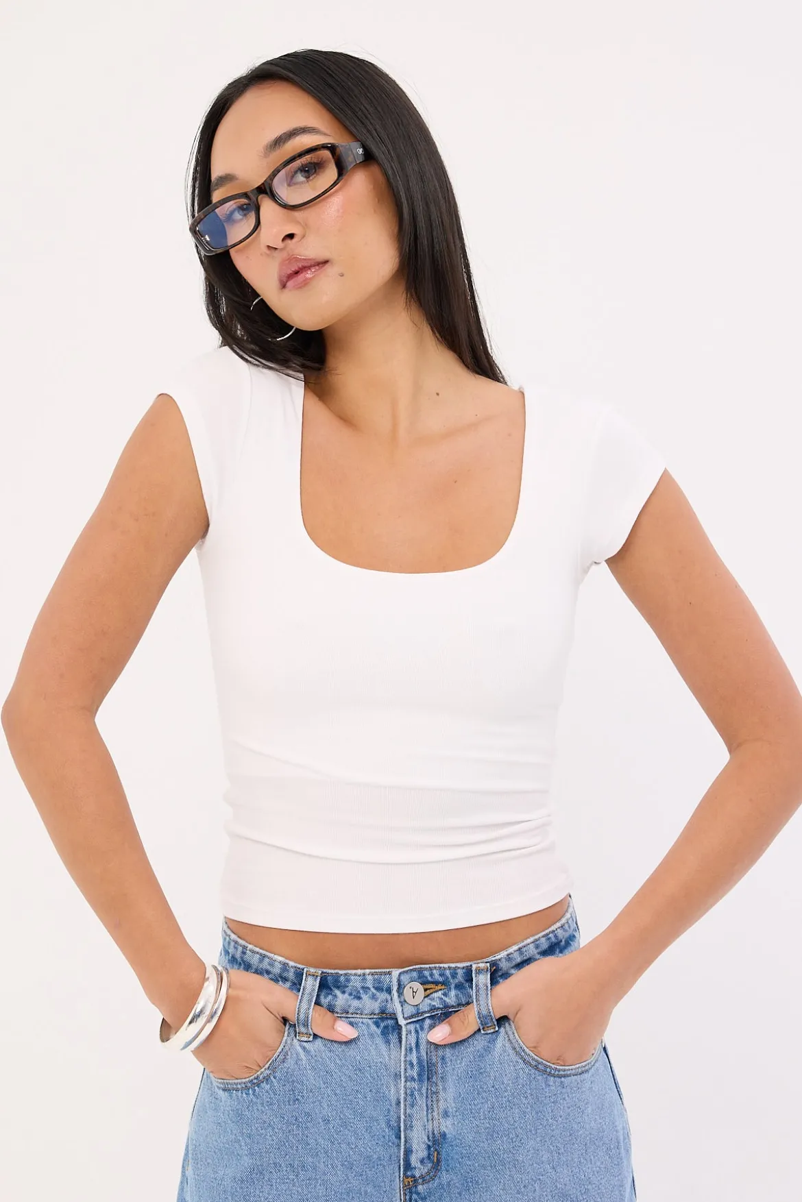 L&T Cap Sleeve Scoop T-Shirt White