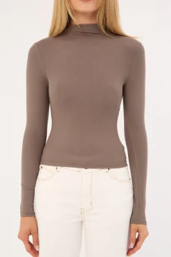 L&t Mock Neck Long Sleeve T-Shirt Taupe
