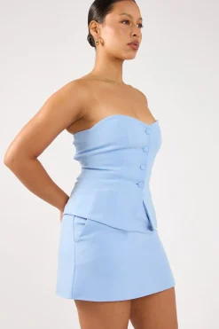 Luna Strapless Button Through Top Blue